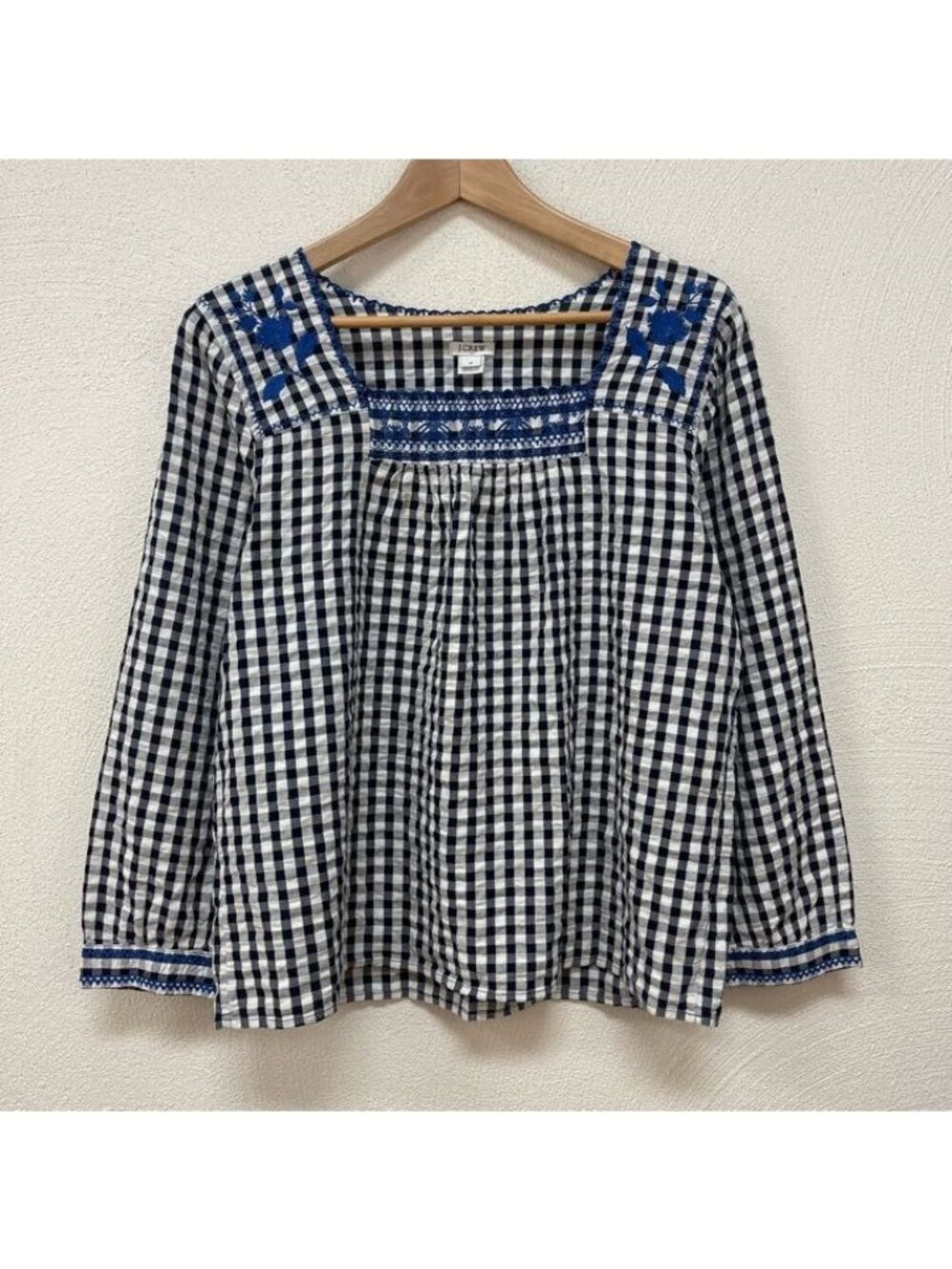 J. Crew Women Gingham Check Peasant Blouse Top Black White Embroidered Sz M